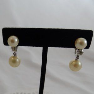 Vintage Panetta Faux Pearl Rhinestone Silver Tone Clip On Earrings